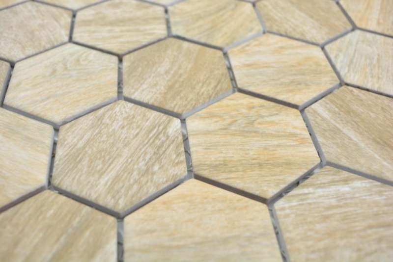 Hexagonale Sechseck Mosaik Fliese Keramik beige braun mix Holzoptik Fliesenspiegel Küchenrückwand Badfliese - MOS11H-0011