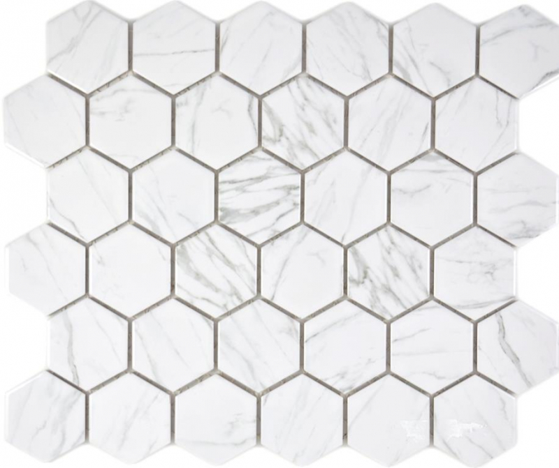 Handmuster Keramik Mosaik Hexagon Carrara weiß glänzend Mosaikfliese Wand Fliesenspiegel Küche Bad MOS11H-0001_m