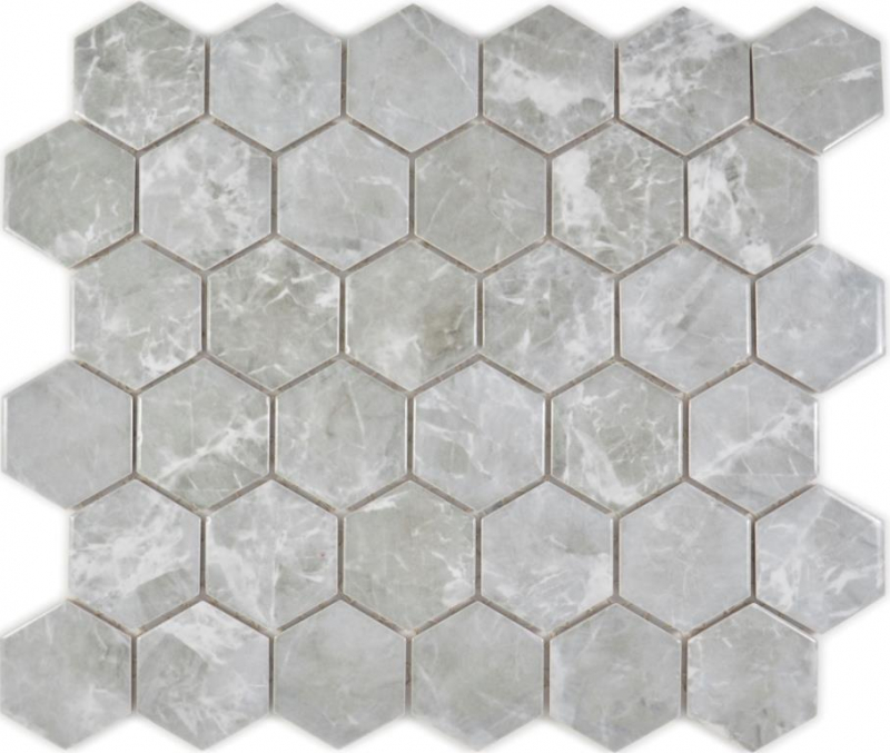 Hexagonale Sechseck Mosaik Fliese Keramik Marmor grau glänzend Steinoptik Mosaikfliese Wand Fliesenspiegel Küche Bad - MOS11H-0201
