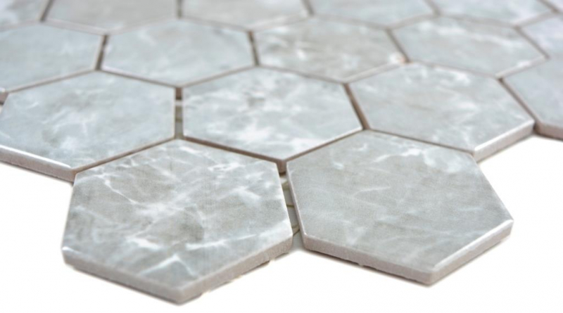 Hexagonale Sechseck Mosaik Fliese Keramik Marmor grau glänzend Steinoptik Mosaikfliese Wand Fliesenspiegel Küche Bad - MOS11H-0201