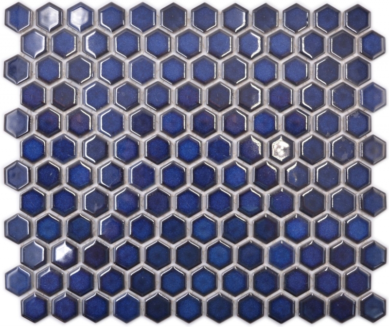 Hexagonale Sechseck Mosaik Fliese Keramik mini kobaltblau glänzend Mosaikfliese Wandfliese Fliesenspiegel Küche Bad - MOS11H-0444
