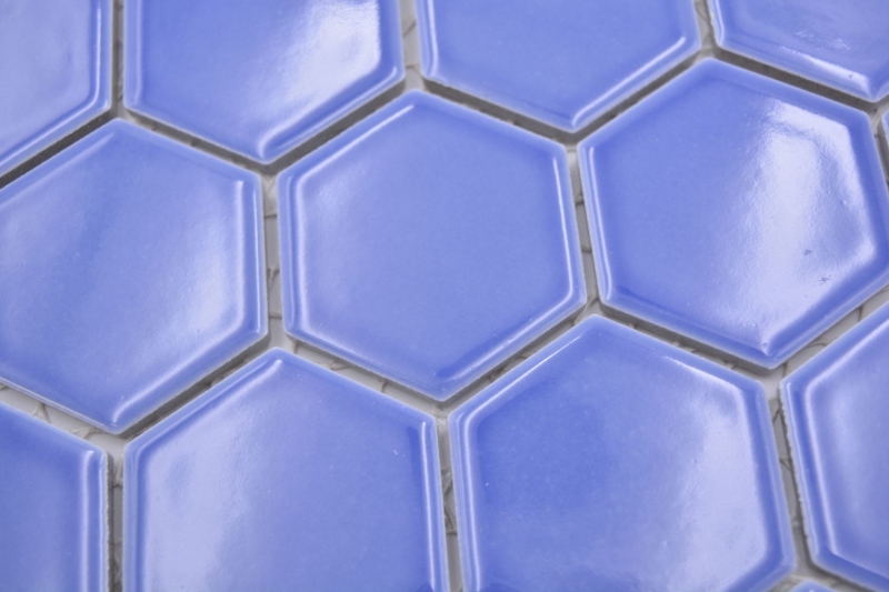Hexagonale Sechseck Mosaik Fliese Keramik blau glänzend Mosaikfliese Wand Fliesenspiegel Küche Badfliese Duschwand - MOS11H-6501