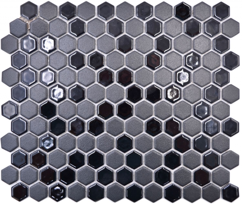 Keramik Mosaik Hexagon schwarz glänzend R10B Duschtasse Bodenfliese Mosaikfliesen Küche Bad Boden MOS11H-0301-R10_f