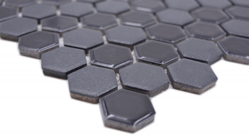 Hexagonale Sechseck Mosaik Fliese Keramik mini schwarz glänzend R10B Duschtasse Bodenfliese Mosaikfliese Rutschhemmend - MOS11H-0301-R10