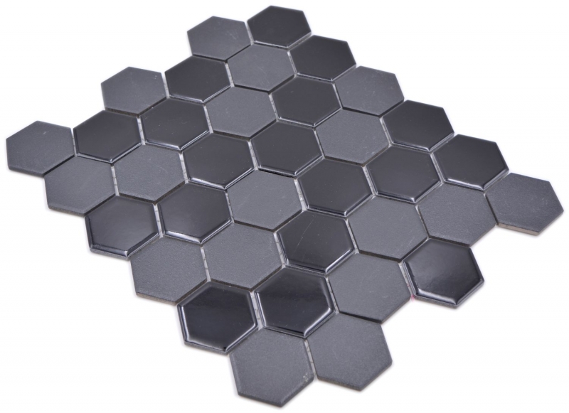 Hexagonale Sechseck Mosaik Fliese Keramik schwarz glänzend R10B Duschtasse Bodenfliese Mosaikfliese Rutschsicher Küchenwand - MOS11H-0311-R10