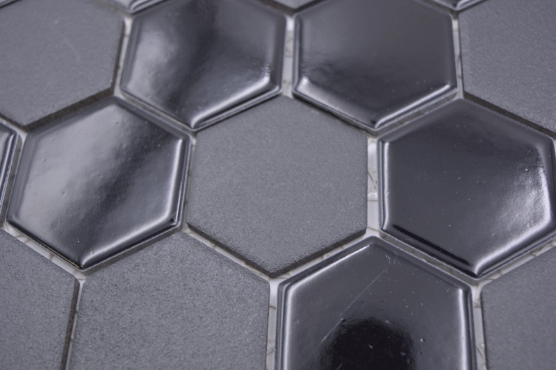Keramik Mosaik Hexagon schwarz glänzend R10B Duschtasse Bodenfliese Mosaikfliesen Küche Bad Boden MOS11H-0311-R10_f