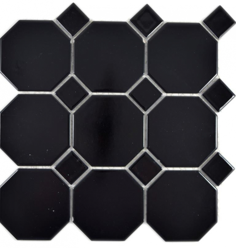 Handmuster Keramik Mosaik Octa schwarz matt mit schwarz glänzend Mosaikfliese Wand Fliesenspiegel Küche Bad MOS13-Octa0311_m
