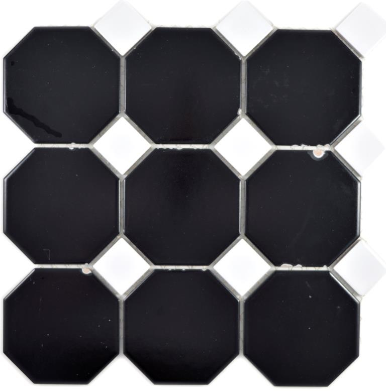 Octagonale Achteck Mosaik Keramik schwarz matt mit weiß glänzend Mosaikfliese Wand Fliesenspiegel - MOS13-Octa0301