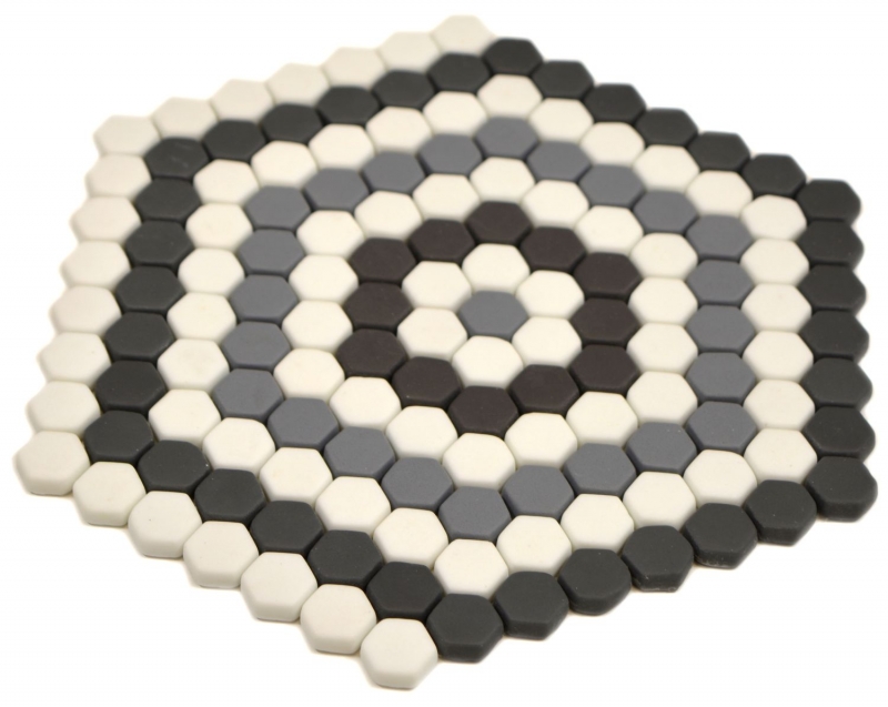 Glasmosaik Nachhaltiger Wandbelag Dekor Hexagon grau schwarz weiss matt Fliesenspiegel Küche Bad
