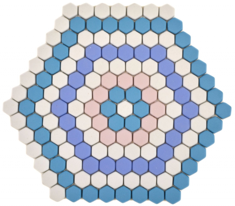 Glasmosaik Hexagon DEKOR blau rosa weiss matt Fiesenspiegel Wand Küche Bad