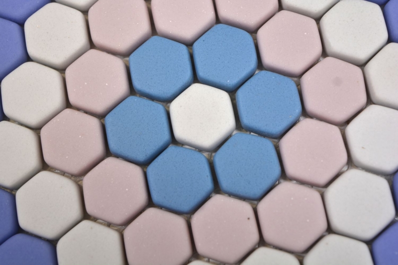 Glasmosaik Hexagon DEKOR blau rosa weiss matt Fiesenspiegel Wand Küche Bad