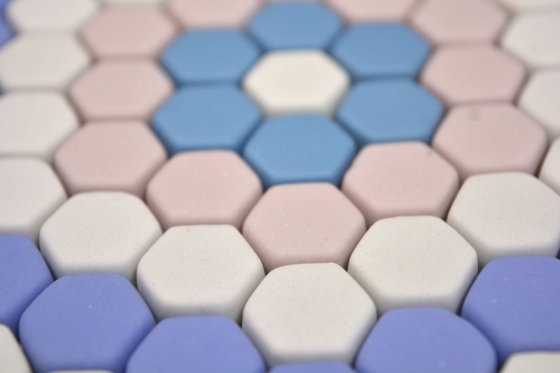 Mosaïque de verre Hexagon DECOR bleu rose blanc mat Fiesenspiegel mur cuisine salle de bain