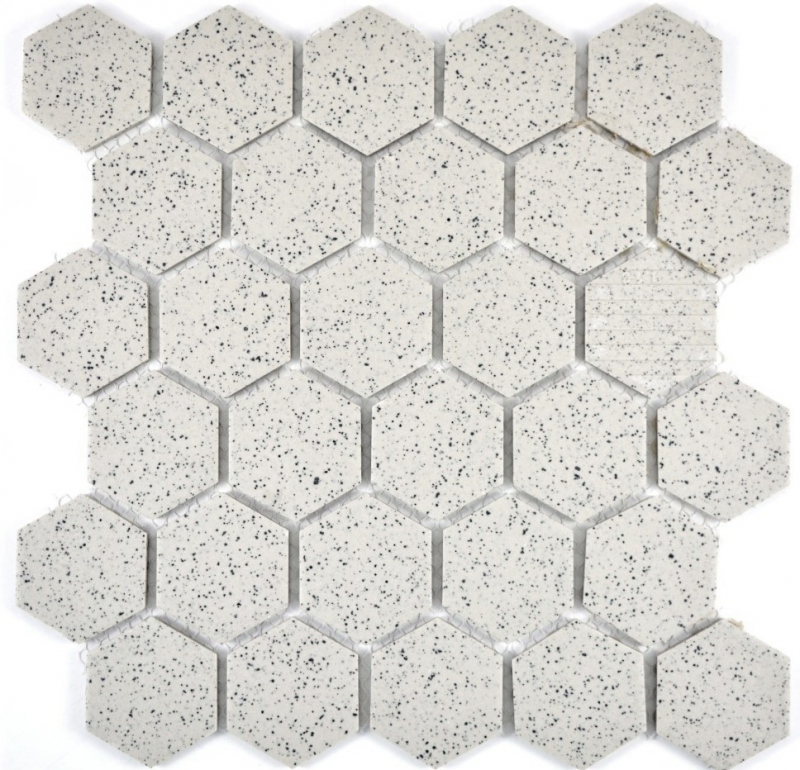 Hand-patterned mosaic tile ceramic cream white hexagaon speckled unglazed MOS11G-0103-R10_m