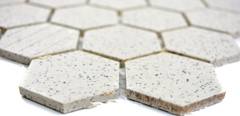 Hand-patterned mosaic tile ceramic cream white hexagaon speckled unglazed MOS11G-0103-R10_m