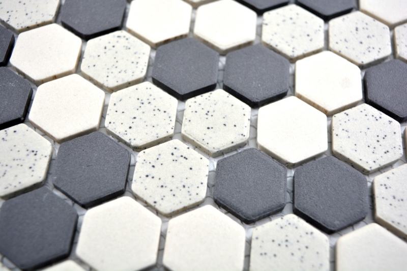 Hexagonal hexagonal carreau de mosaïque céramique mini beige noir non émaillé antidérapant moucheté cuisine salle de bain - MOS11A-0113-R10