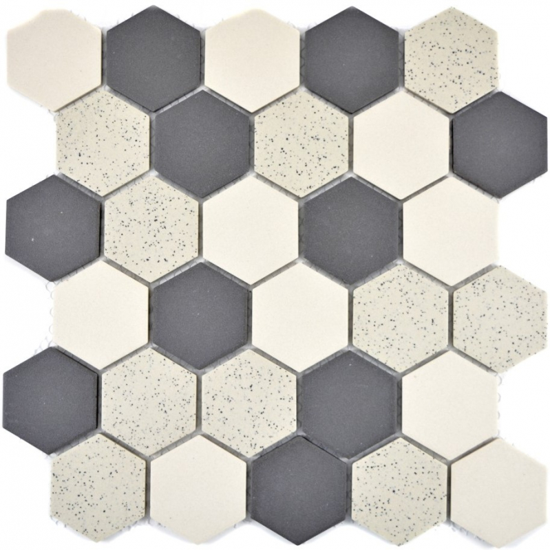 Hexagonal Hexagone Mosaïque Céramique beige noir Hexagaon non-émaillé antidérapant moucheté carreaux - MOS11G-0113-R10