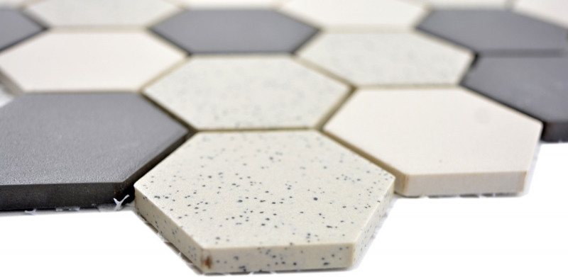 Hexagonale Sechseck Mosaik Fliese Keramik beige schwarz Hexagaon unglasiert rutschsicher gesprenkelt Fliesenspiegel - MOS11G-0113-R10