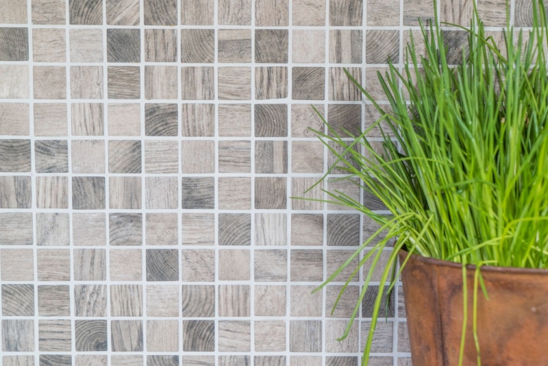 Glass mosaic Sustainable wall covering Recycling wood texture gray beige Tile backsplash MOS63-324