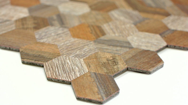 Piastrelle a mosaico per cucina autoadesive alluminio grigio beige esagono metallo effetto legno MOS200-2022_f