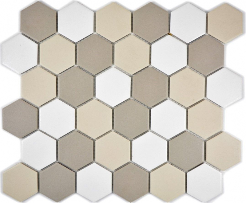Piastrella di mosaico in ceramica esagonale bianca beige chiaro grigio chiaro non smaltata MOS11B-1122-R10_f