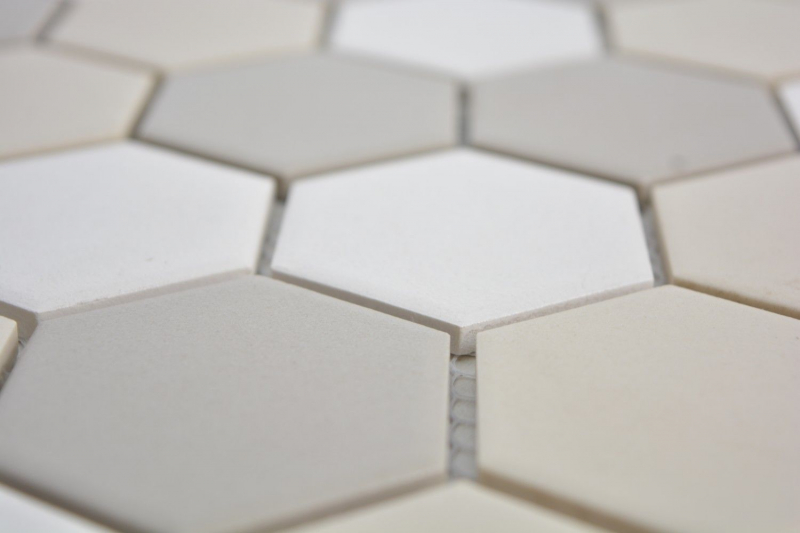 Piastrella di mosaico in ceramica esagonale bianca beige chiaro grigio chiaro non smaltata MOS11B-1122-R10_f