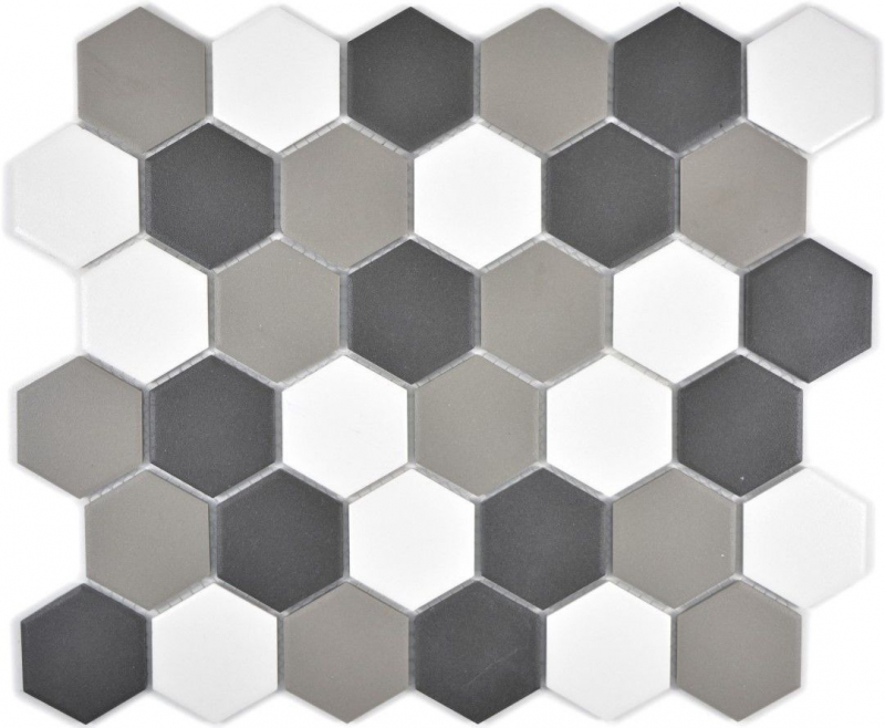 Mosaikfliese Keramik Hexagon weiß grau schwarz unglasiert MOS11B-0123-R10_f