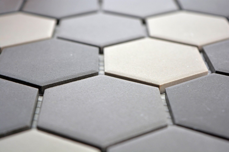 Piastrella di mosaico esagonale in ceramica grigio fango grigio scuro nero non smaltato antiscivolo bagno cucina - MOS11B-2313-R10