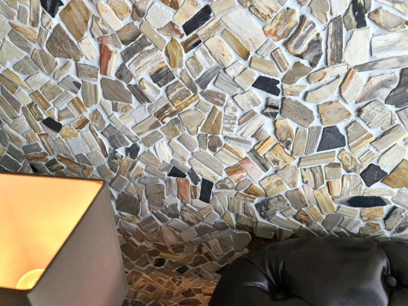 Mosaico di cava Mosaico di pietra naturale fossile Tappetino di mosaico poligonale Legno Piatto doccia effetto legno Parete della cucina Rivestimento in piastrelle - MOS44-Fossil