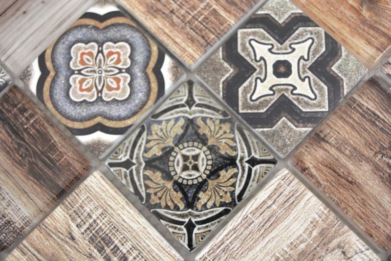 Piastrella a mosaico patchwork marrone beige marrone effetto legno per cucina MOS160-w200