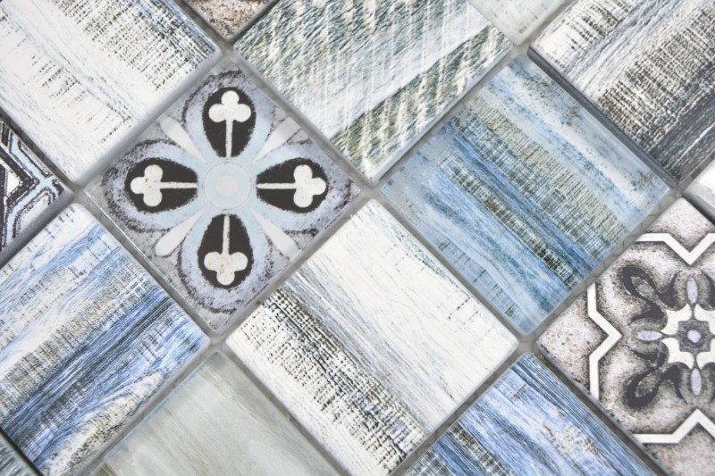 Mosaic tile patchwork mix light blue azzurro mosaic tile wall wood look kitchen splashback MOS160-w300