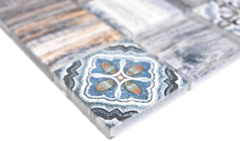 Piastrella a mosaico patchwork blu grigio effetto legno MOS160-w400