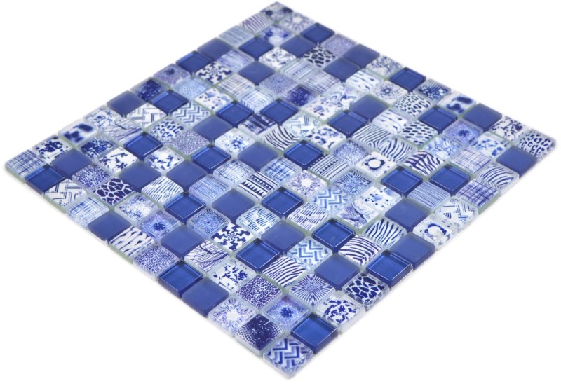 Glasmosaik Mosaikfliesen Arts and Crafts weiss blau Wand Fliesenspiegel Küche Dusche Bad MOS74-0402