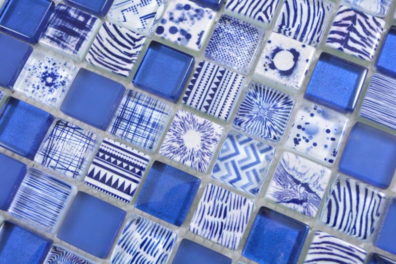 Glasmosaik Mosaikfliesen Arts and Crafts weiss blau Wand Fliesenspiegel Küche Dusche Bad MOS74-0402