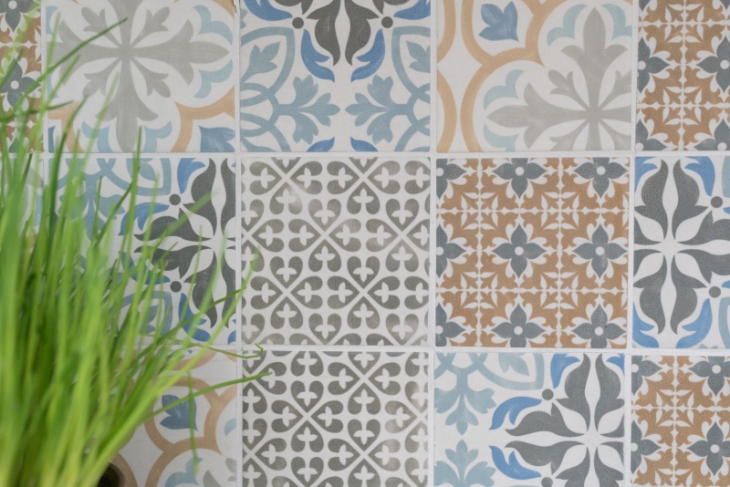 Hand pattern retro vintage mosaic tile ceramic cream blue orange gray matt MOS22B-1406_m