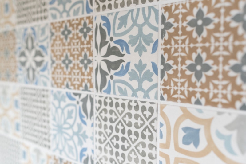 Hand pattern retro vintage mosaic tile ceramic cream blue orange gray matt MOS22B-1406_m