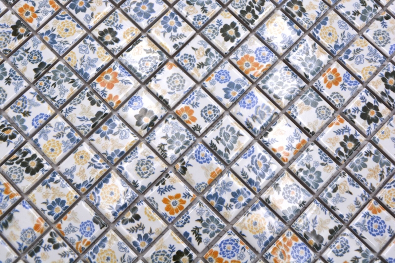 Hand-patterned mosaic tile retro vintage ceramic white colorful flowers tile backsplash MOS18C-1401_m