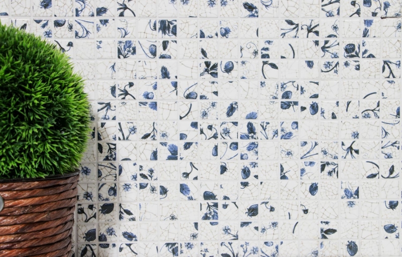 Hand-patterned mosaic tile retro vintage ceramic white blue flower kitchen splashback MOS18D-1404_m