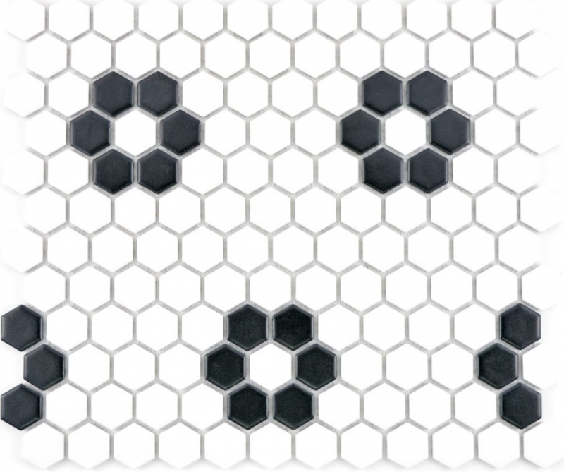 Handmuster Mosaik Fliese Keramik Hexagon schwarz weiß matt Fliesenspiegel Küche MOS11A-0103_m