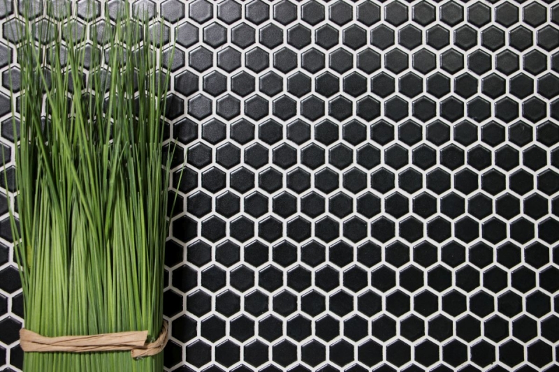 Hand-painted mosaic tile ceramic hexagon black matt shower splashback MOS11A-0311_m