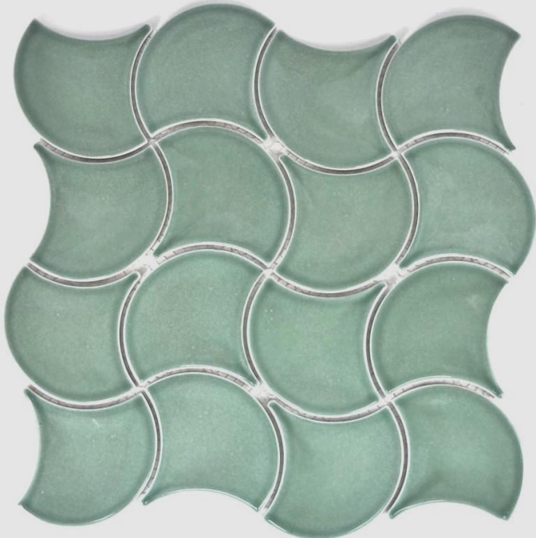 Handmuster Mosaik Fliese Keramik Fächer petrol glänzend Welle Wandfliesen Badfliese MOS13-FSW18_m