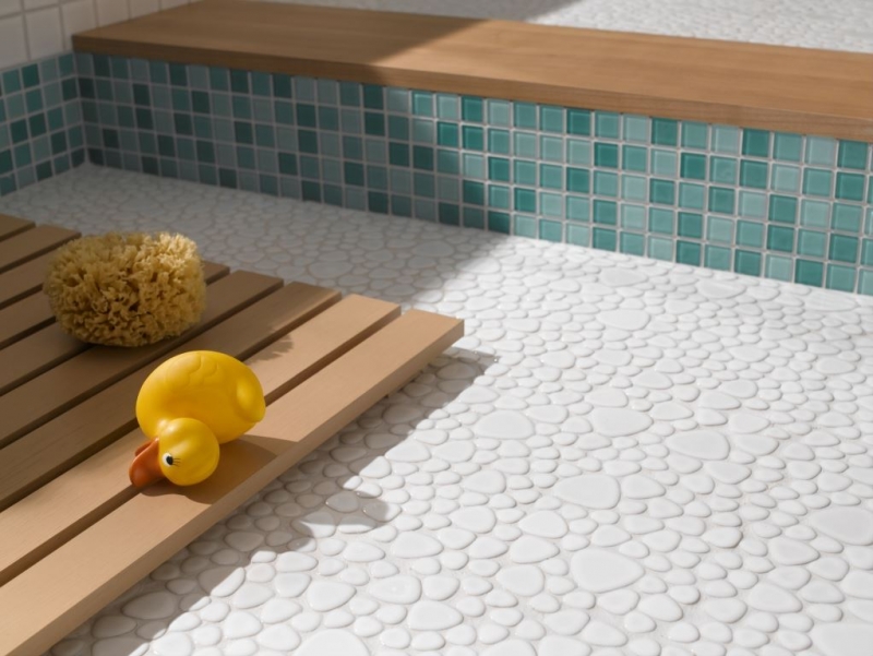 Hand-painted pebble mosaic Pebbles ceramic white glossy shower tray tile backsplash MOS12-0102_m