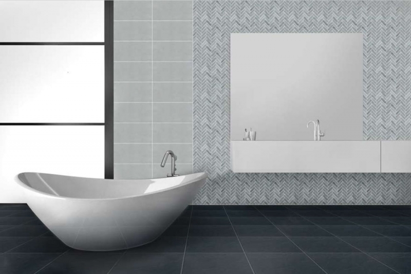 Hand-patterned mosaic tile ceramic herringbone stone look gray shower splashback tile mirror MOS24-SO32_m
