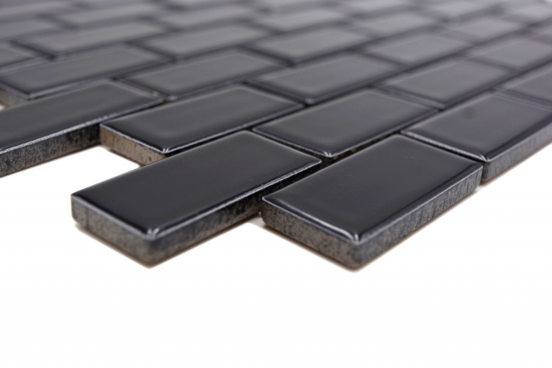 Hand-patterned mosaic tile ceramic brick black glossy kitchen splashback MOS24-4BG_m