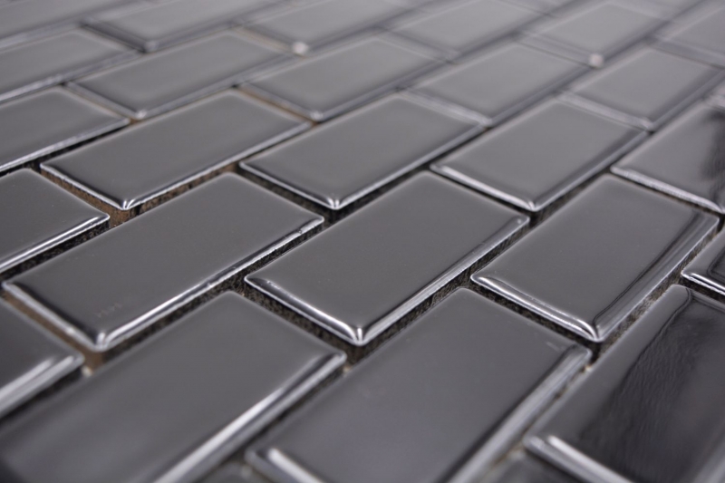Hand-patterned mosaic tile ceramic brick black glossy kitchen splashback MOS24-4BG_m