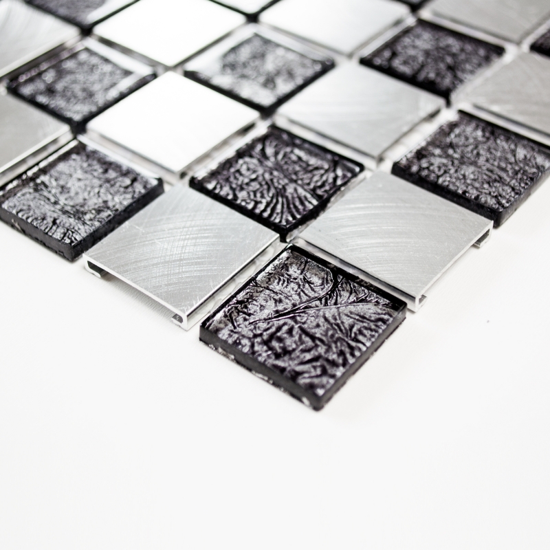 Piastrella di mosaico campione a mano alluminio vetro traslucido mosaico Crystal Alu scacchiera nero argento MOS49-0302_m