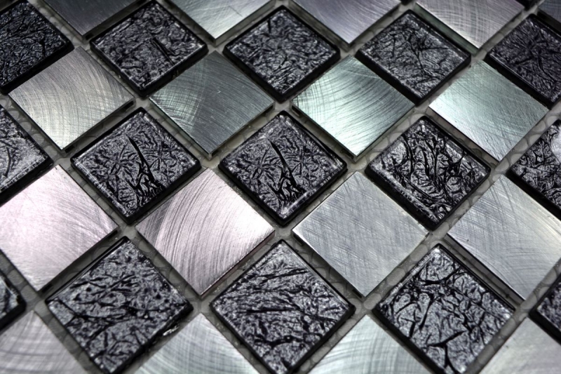 Handmuster Mosaik Fliese Aluminium Transluzent Glasmosaik Crystal Alu schachbrett schwarz silber MOS49-0302_m