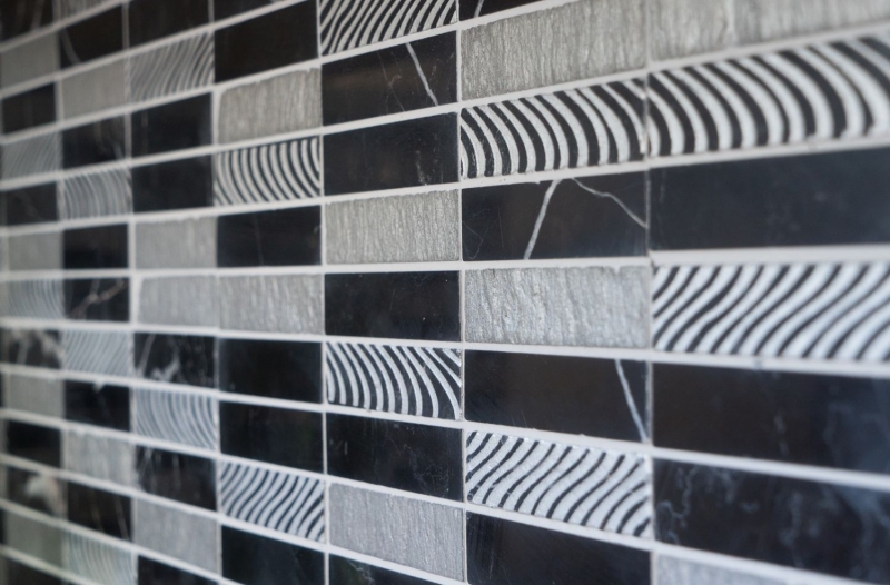 Hand pattern mosaic tile marble natural stone rectangle stone carving silver black MOS40-STN89_m