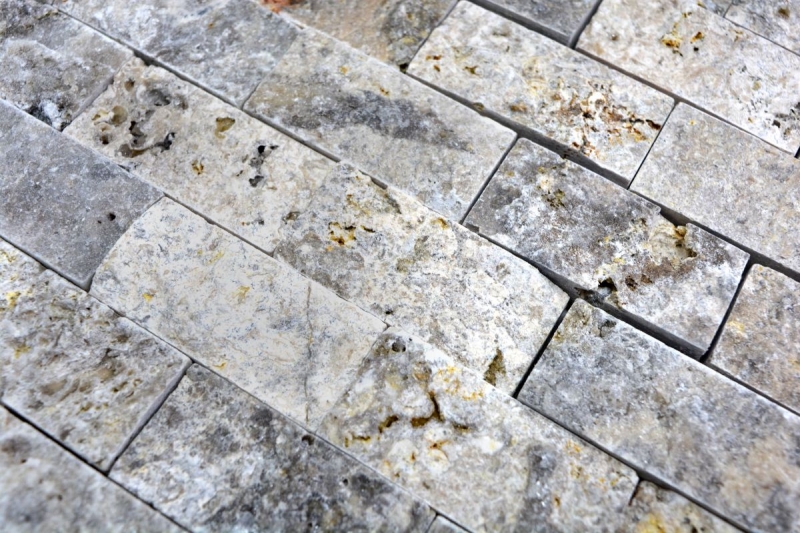 Échantillon manuel de mosaïque mur en pierre travertin pierre naturelle blanc-gris Brick Splitface argent travertin 3D MOS43-47248_m