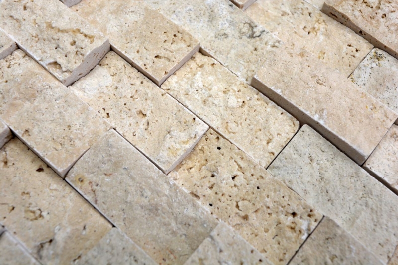 Campione a mano di mosaico in pietra Travertino pietra naturale beige Brick Splitface Chiaro Travertino 3D MOS43-46248_m