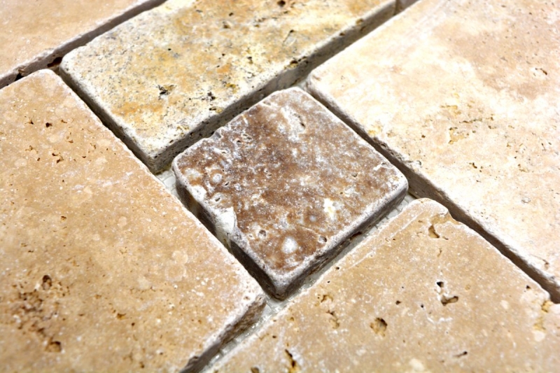 Modello di mosaico a mano backsplash travertino pietra naturale beige marrone Mini Pattern Travertino MOS43-1204_m